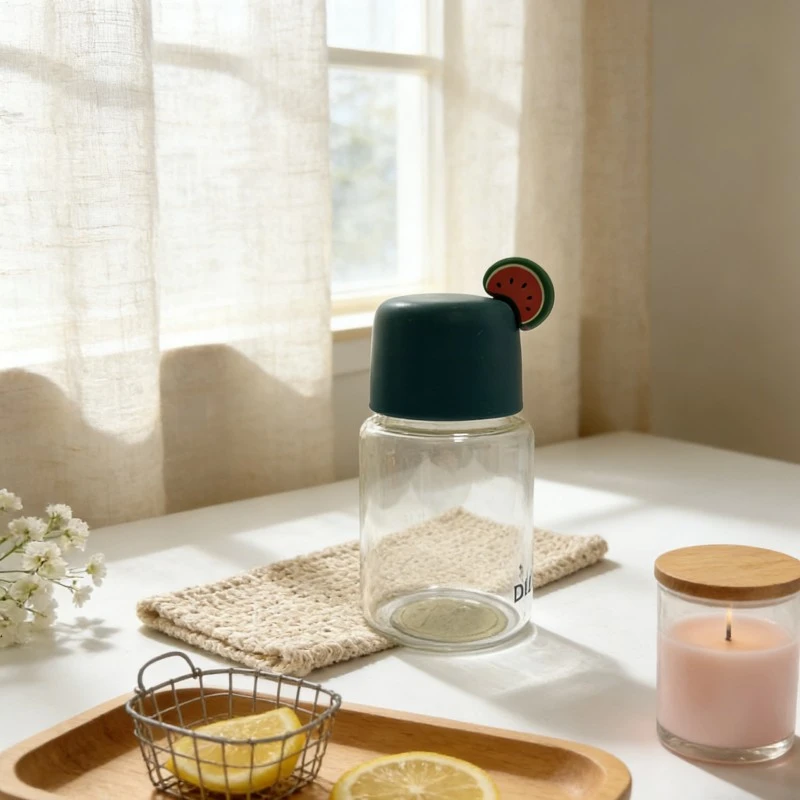 Mini Glass Water Bottle With Pull Tab Silicone Watermelon Handle